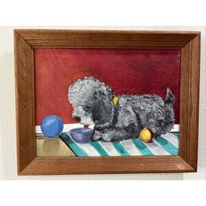 Vintage Gray Poodle Painting Acrylic Folk Art SIGNED Wood Framed MCM